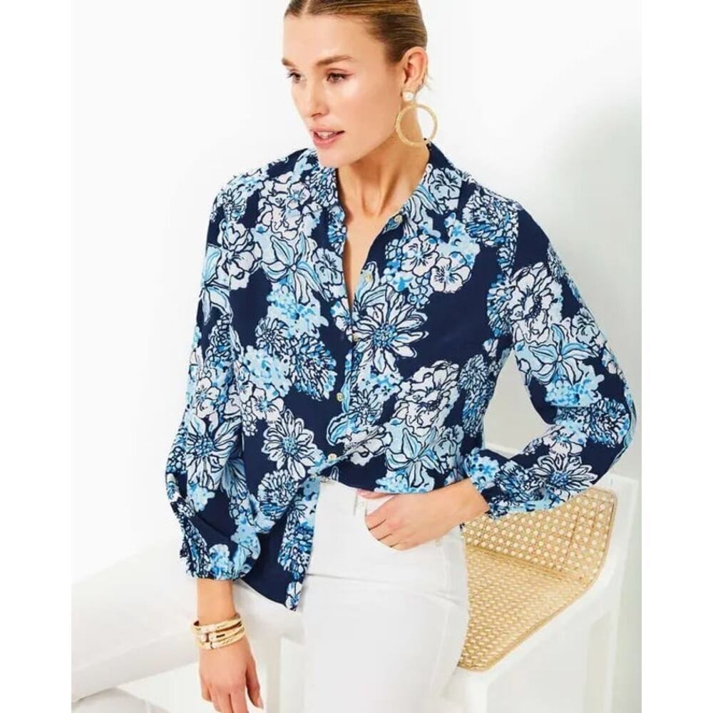 Lilly Pulitzer Farren Blue Floral 100% Silk Button Up Top Blouse XS